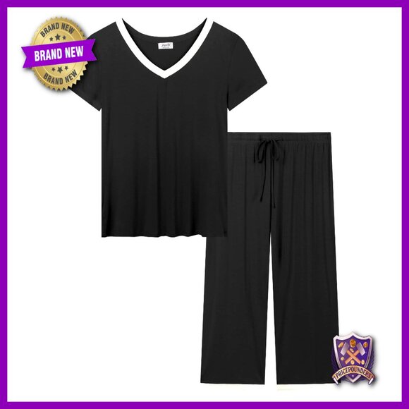 Soft Bamboo Viscose Pajama Set Short Sleeve Capri Pants Lounge Sleepwear